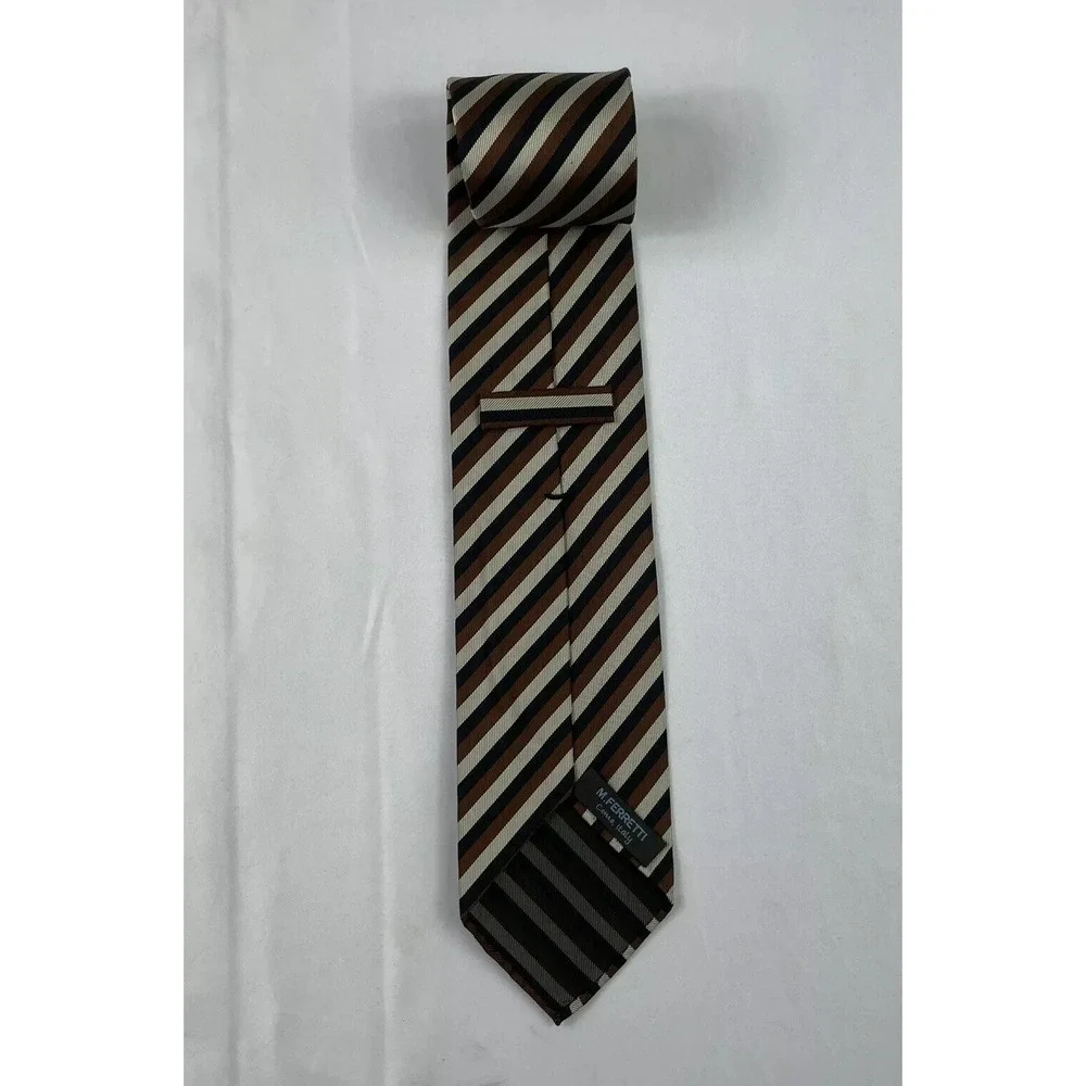 M Ferretti Mens Silk Tie Brown White Blue Striped 3 Inch Width Made in Italy NWT